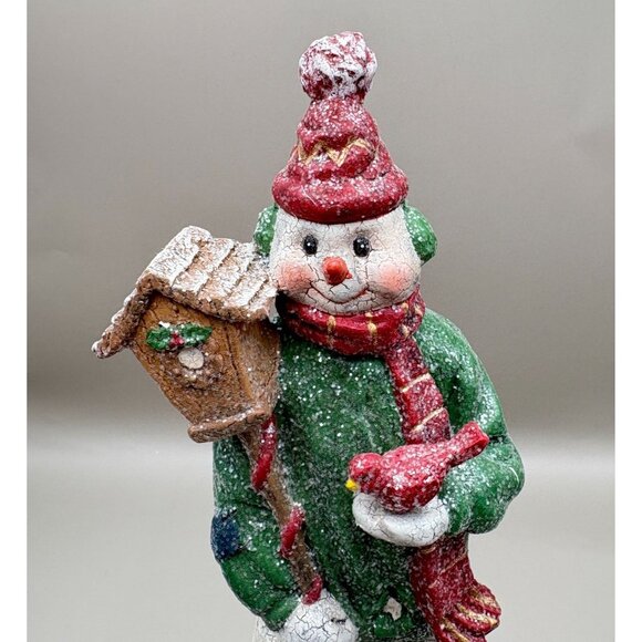 Vintage Snowman Christmas Figurine Birdhouse & Cardinal Bird Crackle Finish - Picture 7 of 9